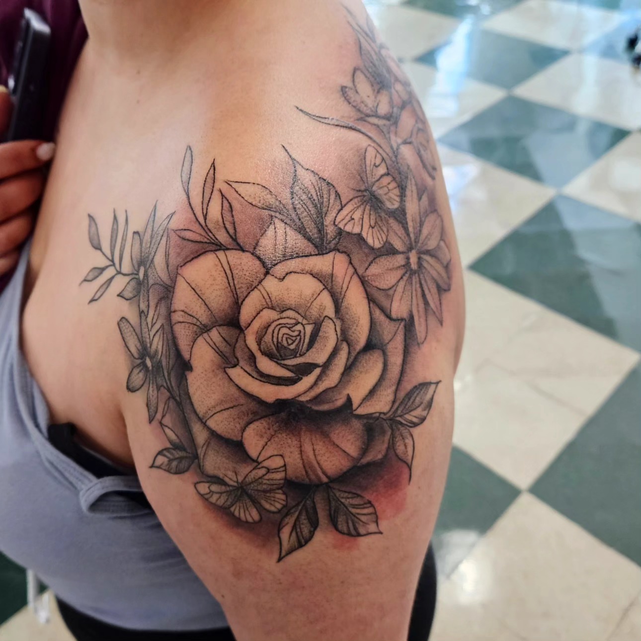 Rose black and grey tattoo on the shoulder by David Nash, Evansville, Indiana