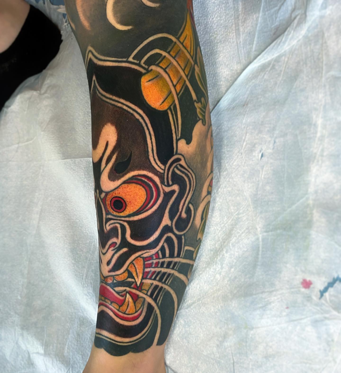 Mask japanese irezumi tattoo on the forearm by H O R I H A N