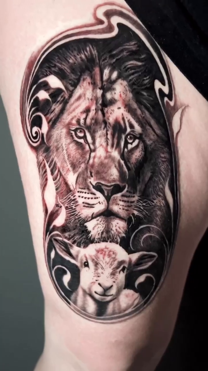 Lion and lamb realism tattoo by Kayden DiGiovanni, Addison, Texas