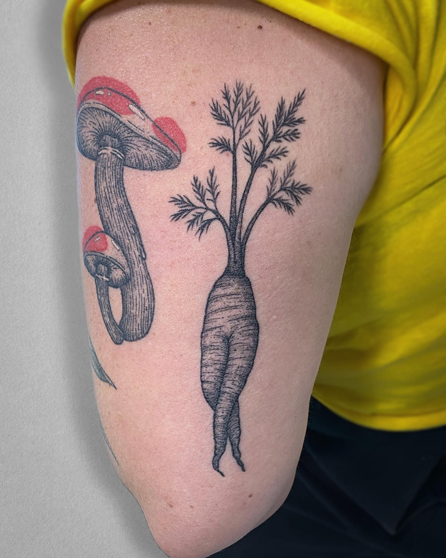 Mushroom and carrot black and grey tattoo on the forearm by Mallory Miller π³οΈβπ Eugene