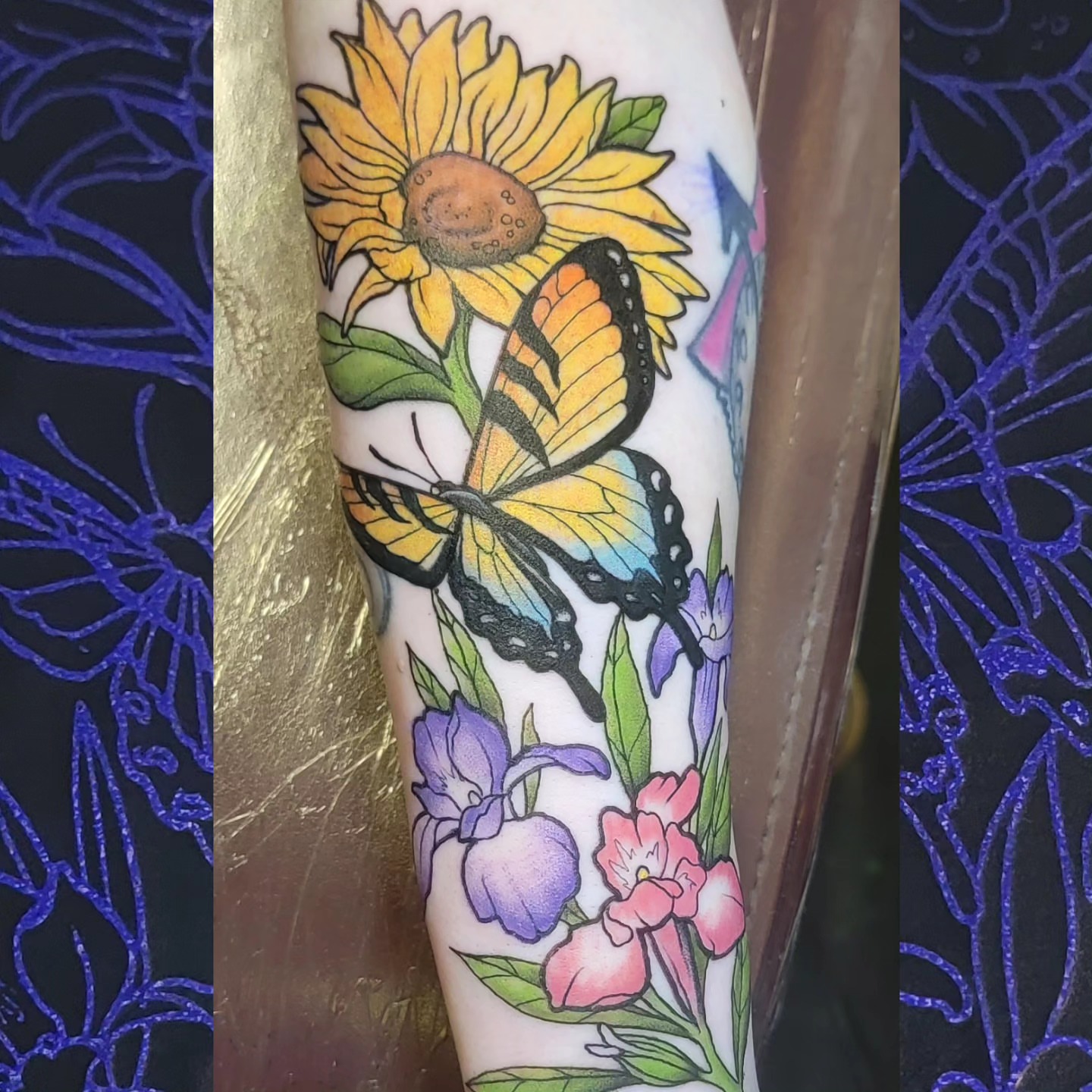 Sunflower and butterfly realism tattoo on the forearm by ๐๏ธ, Ashland, Virginia