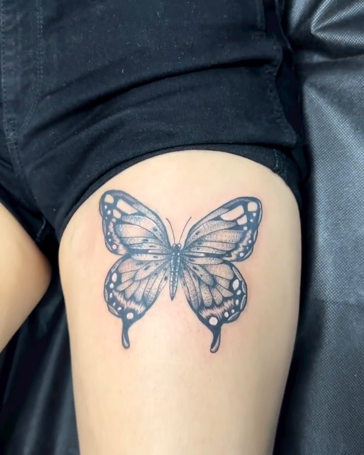 Butterfly fine line tattoo by Pablo Venegas