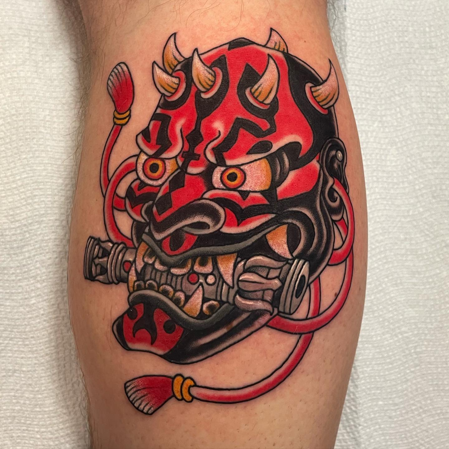 Demon mask American traditional tattoo on the forearm by derrick b. π² Modern Traditional Tattoo