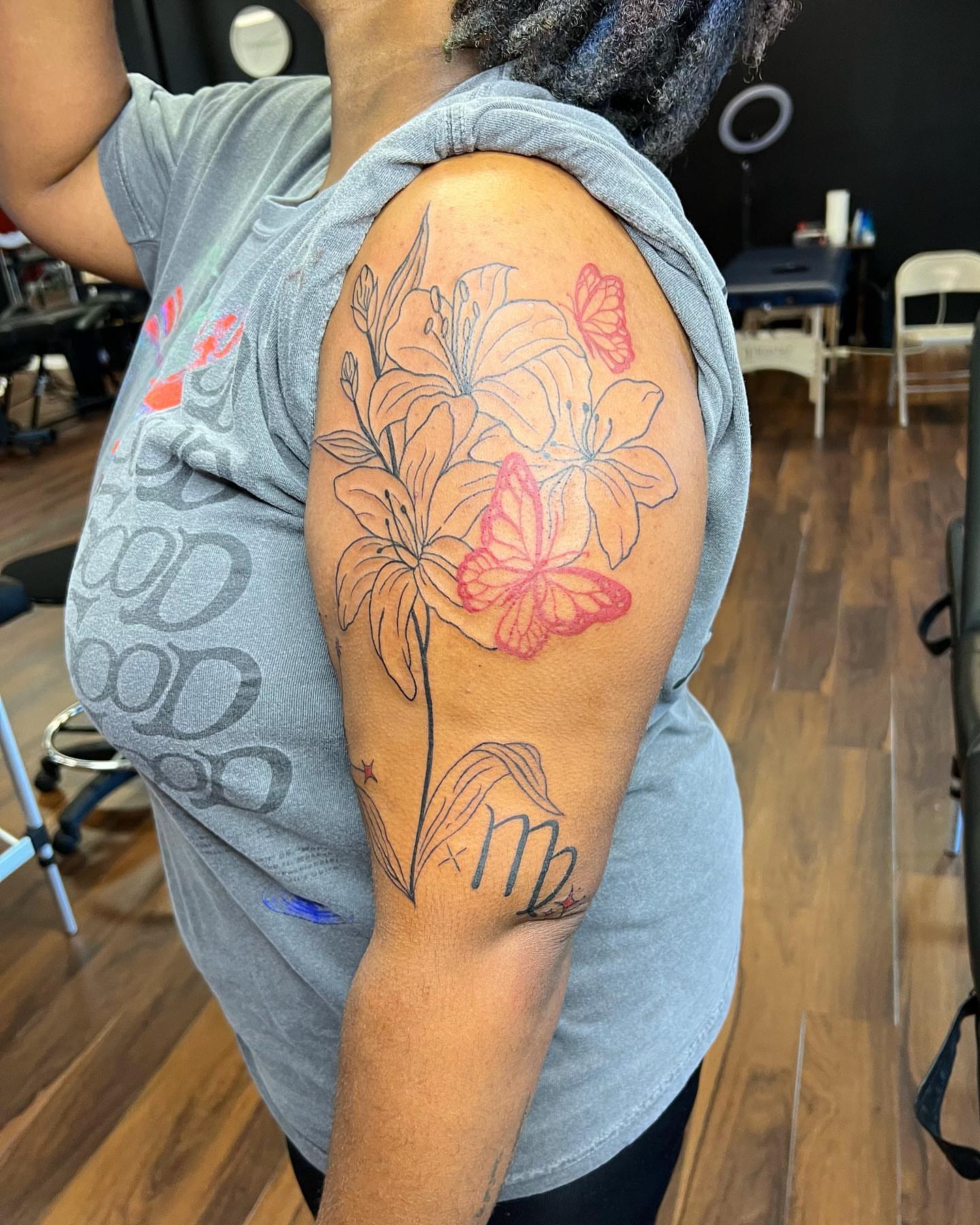 Flowers and butterflies new school tattoo on the shoulder by ✨BADJASS the tattoo artist✨