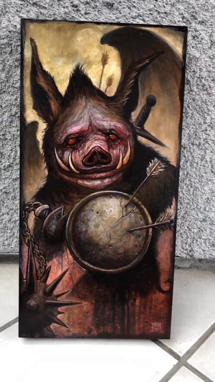 Bat-like creature with shield dark realism tattoo by Brett Herman, Denver, Colorado