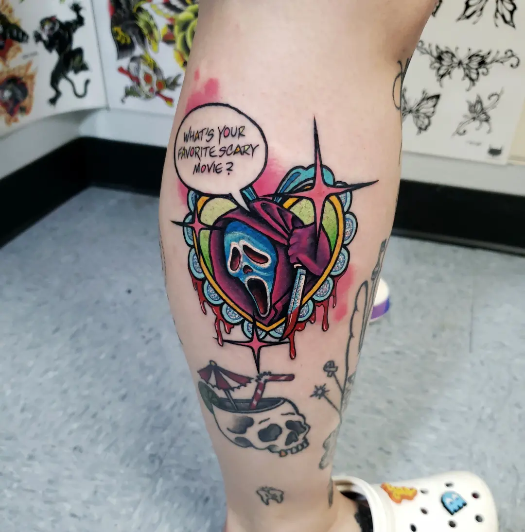 Scary movie quote new school tattoo on the forearm by Jake Lee