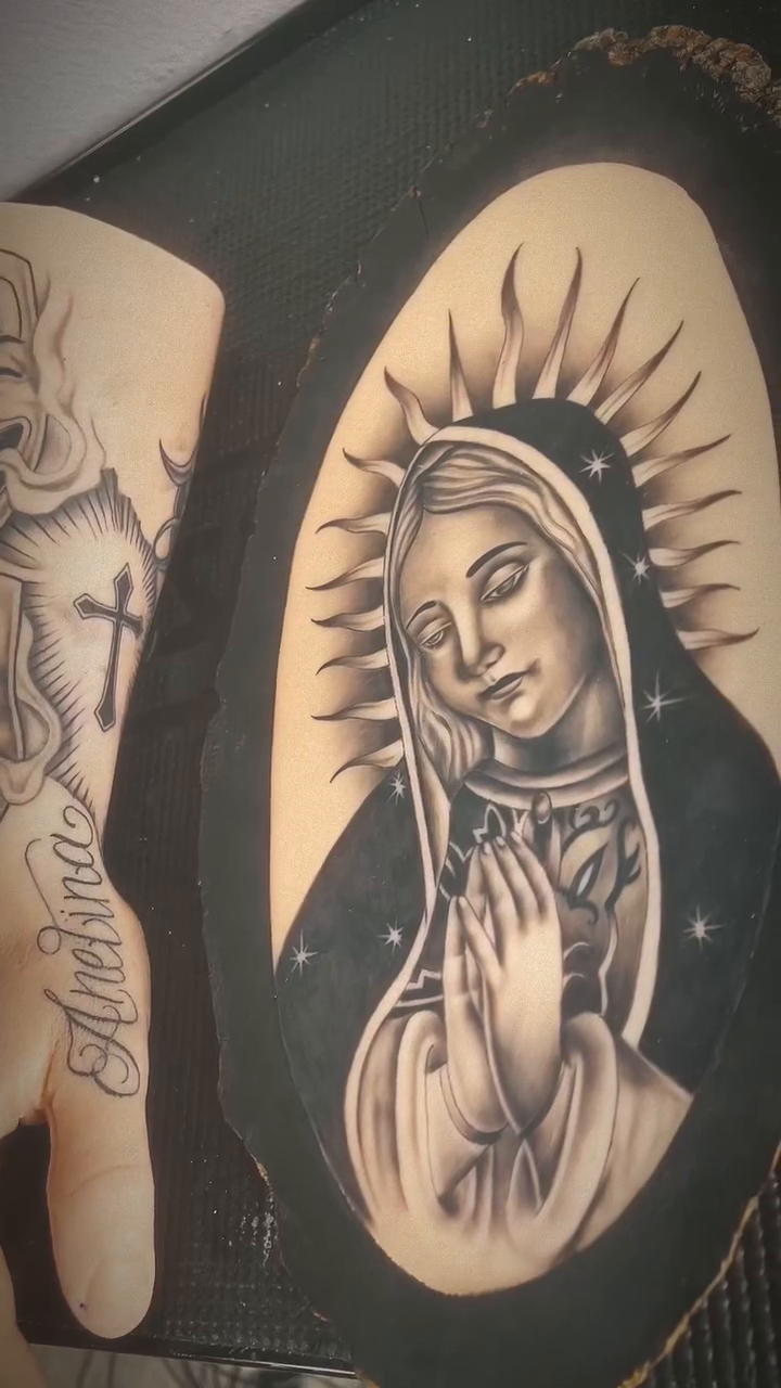 Virgin Mary and clown masks Chicano tattoo by Myles Manuel Lopez, Phoenix, Arizona