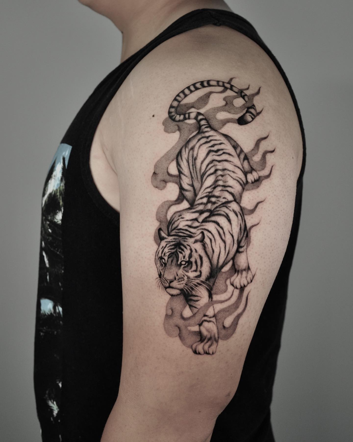 Tiger black and grey tattoo on the shoulder by hiba ⊹ atlanta tattoo artist, Johns Creek, Georgia
