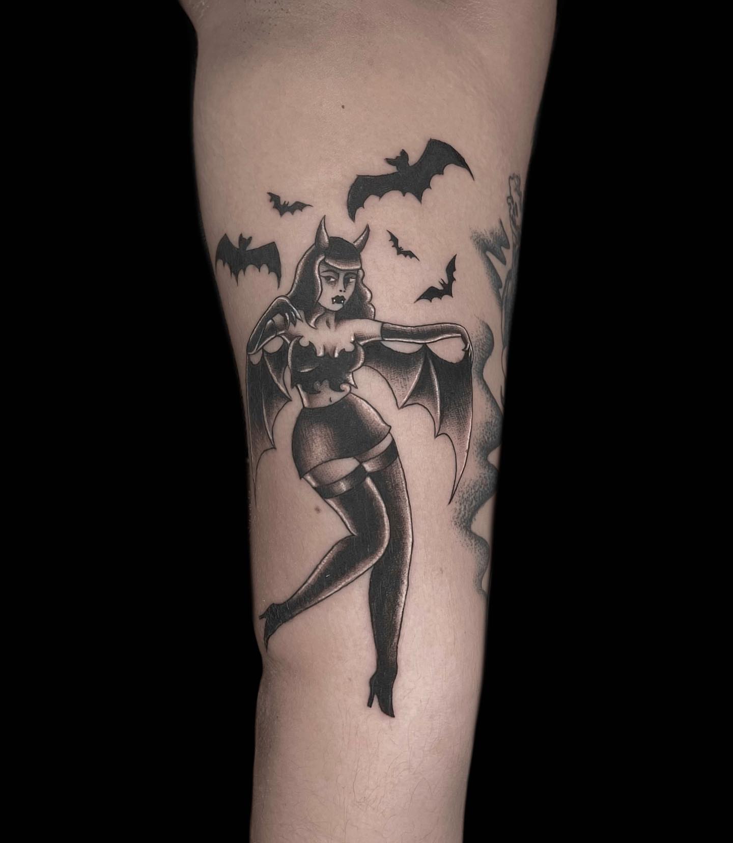 Batgirl American traditional tattoo on the forearm by Jason