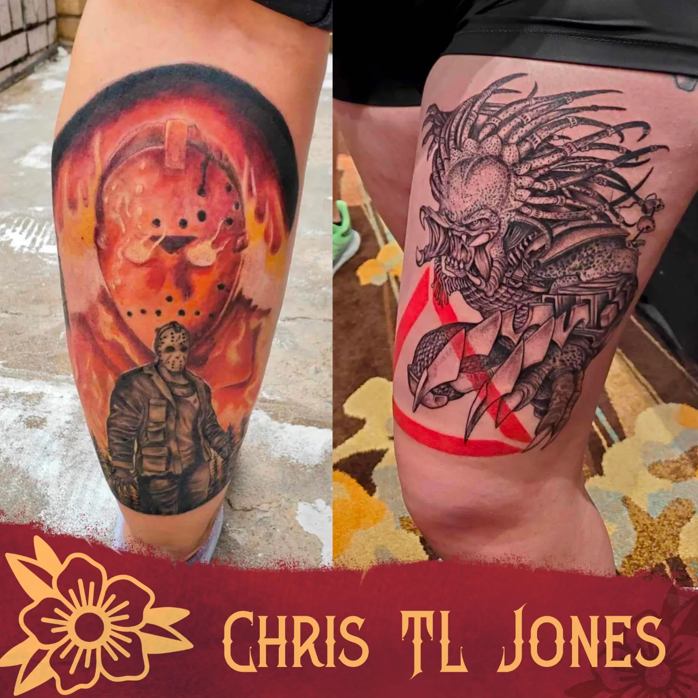Horror movie characters realism tattoo on the thigh by Chris TL Jones