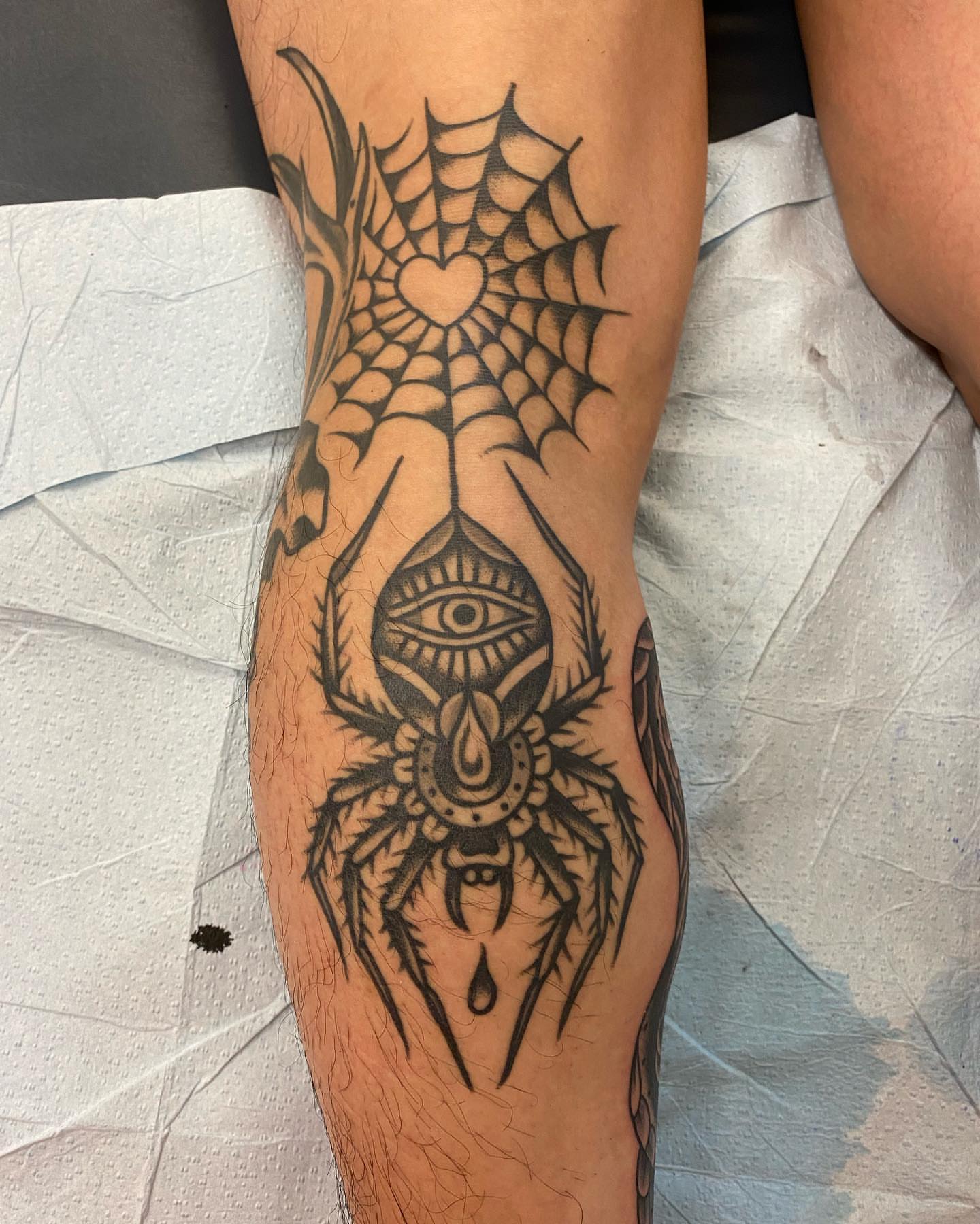 Spider black and grey tattoo on the forearm by Alan Pham, San Jose, California