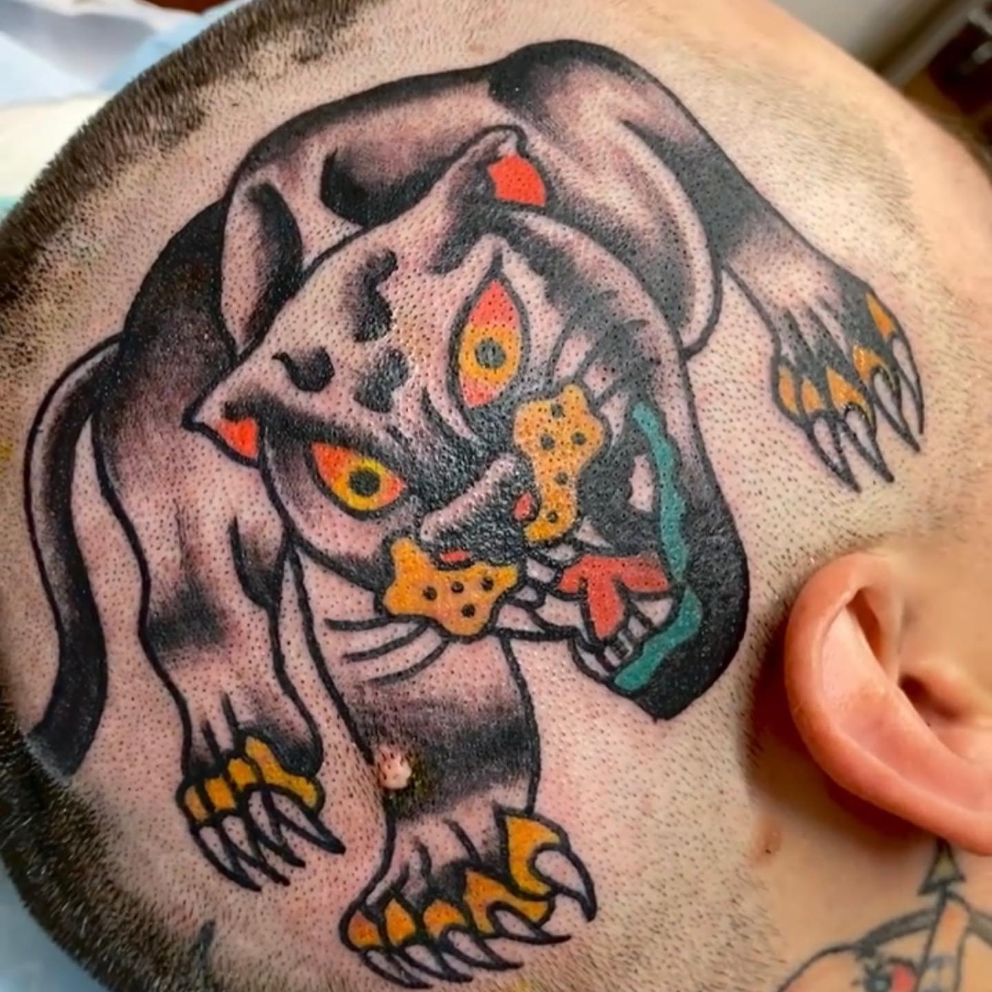Panther dotwork tattoo on the neck by Dorian Grey Baker
