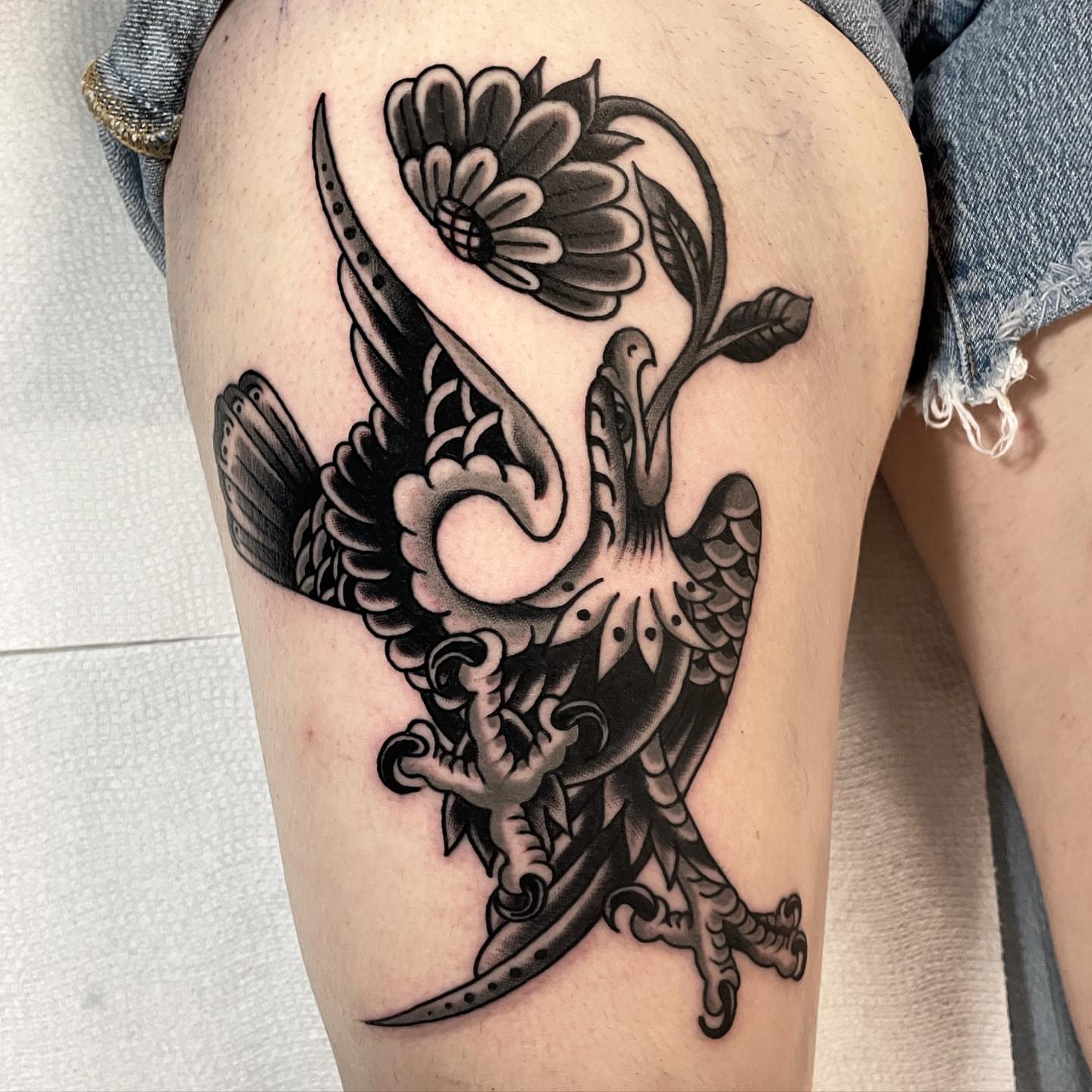 Phoenix and flower black and grey tattoo on the thigh by derrick b. π² Modern Traditional Tattoo