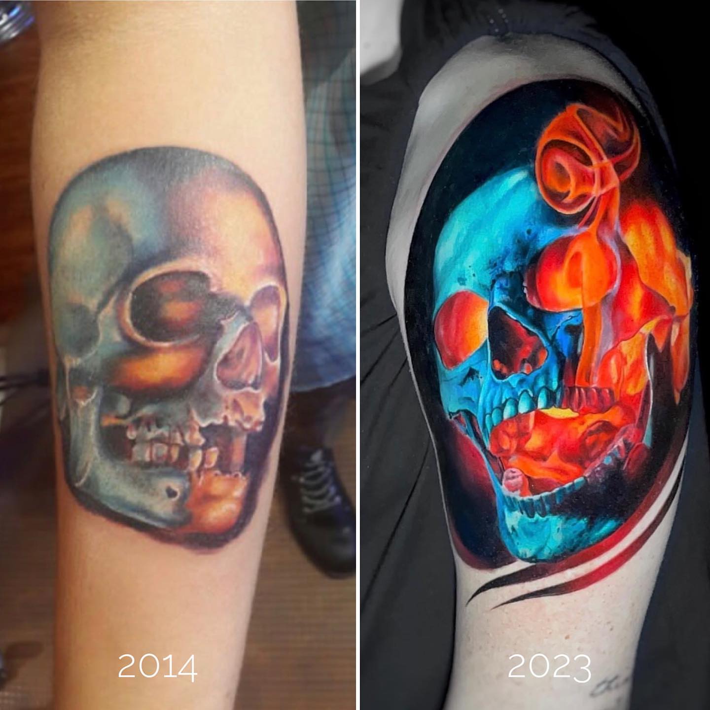 Skull realism tattoo on the upper arm by Daniela Duque Tattoo