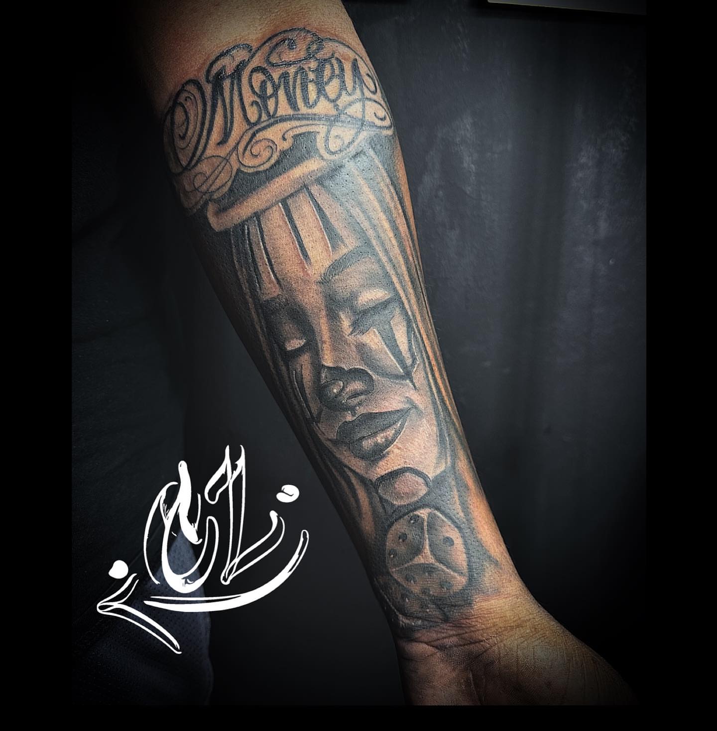 Money black and grey tattoo on the forearm by Labbé