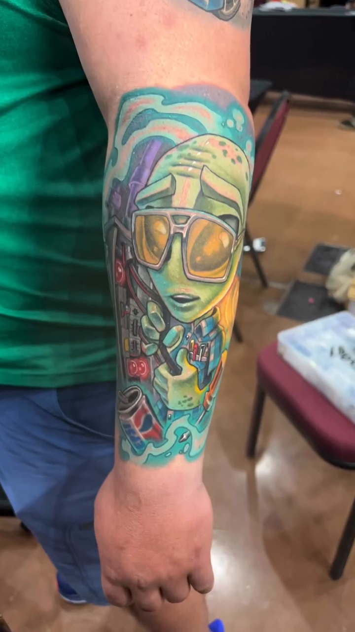 Alien with goggles and ray gun new school tattoo by Albuquerque Tattoo Artist, Albuquerque, New Mexico