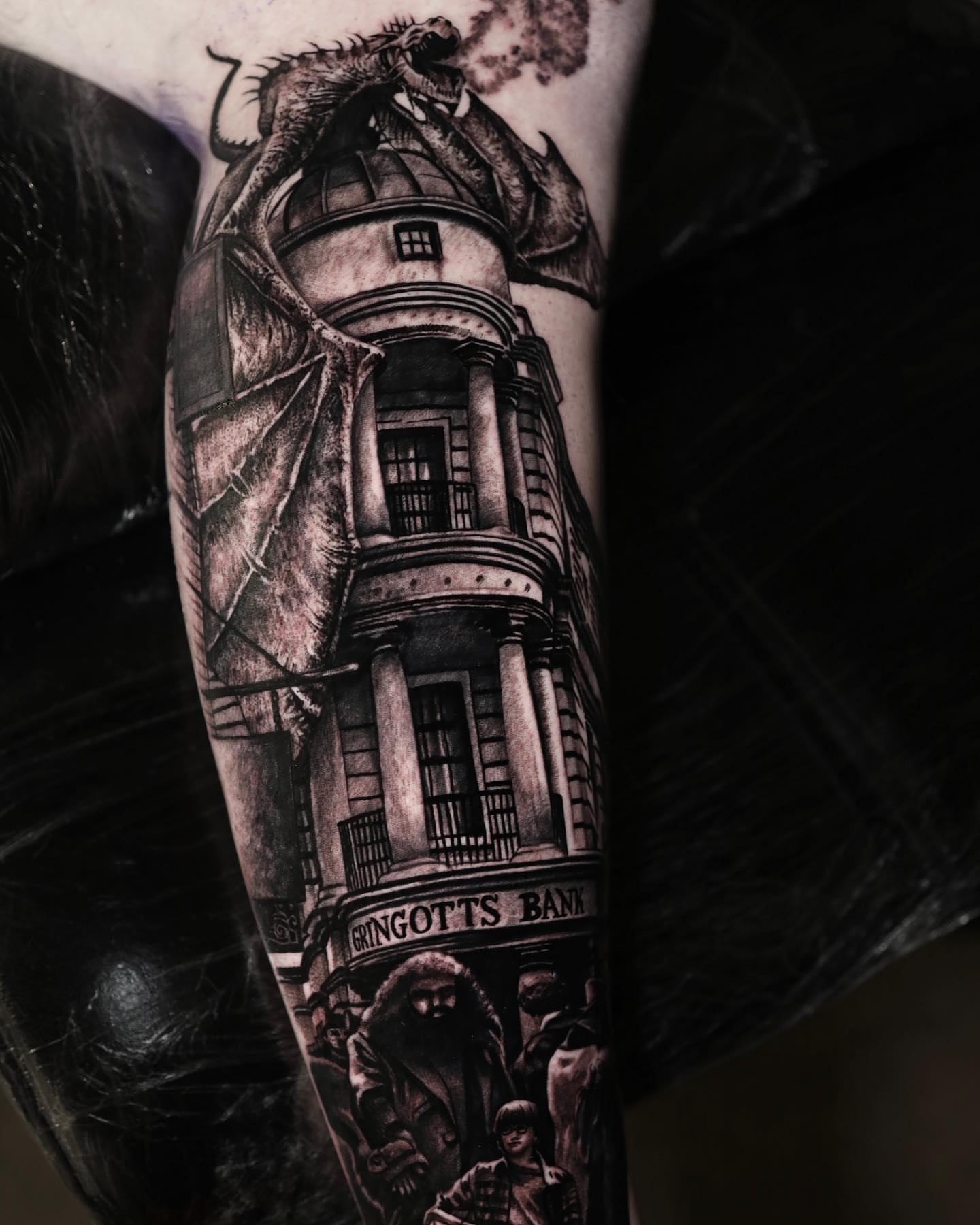 Gringotts Bank realism tattoo on the forearm by Gabriel Varelas, Phoenix, Arizona