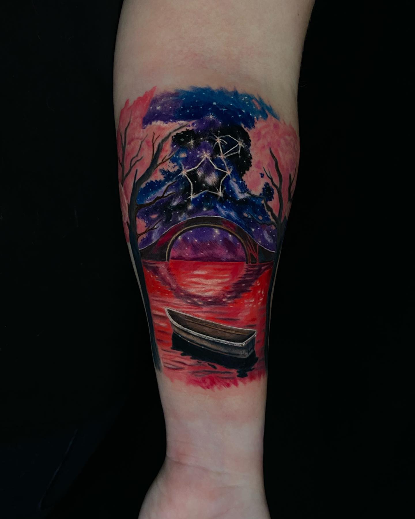 Night sky and boat dotwork tattoo on the forearm by Jules, Arlington, Texas