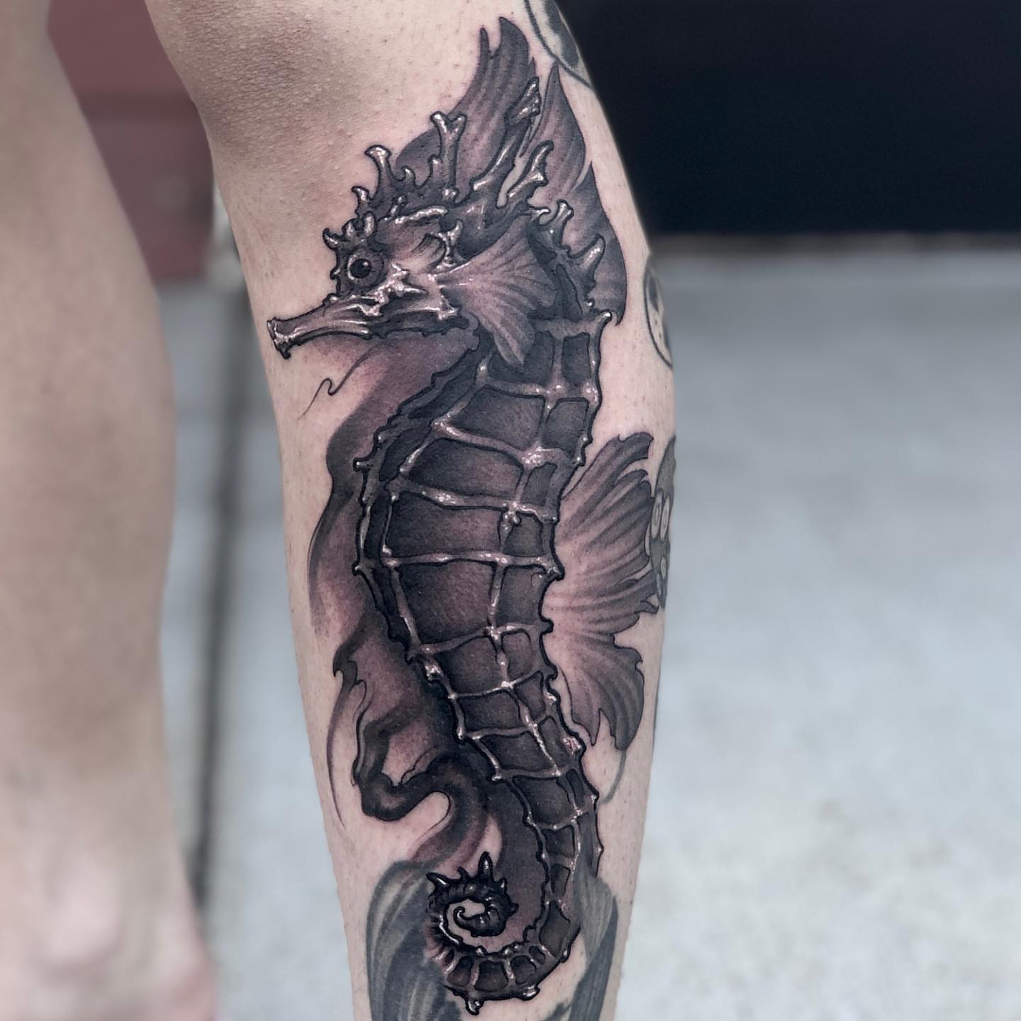 Seahorse black and grey tattoo on the calf by Aaron Borden