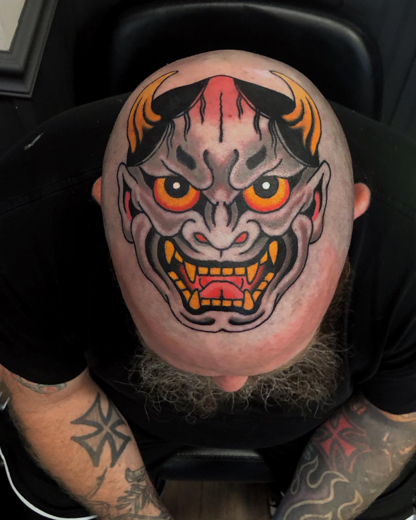 Demon face japanese irezumi tattoo on the head by Ben Fiedler