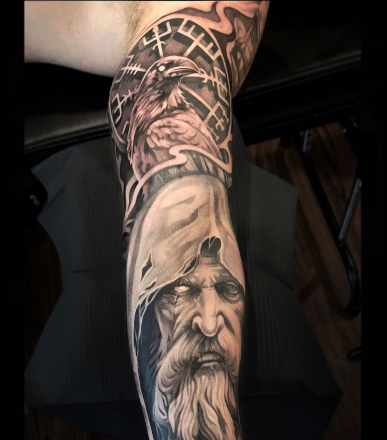 Viking warrior and raven realism tattoo on the forearm by Elijah Forster - Nashville Tattoo Artist