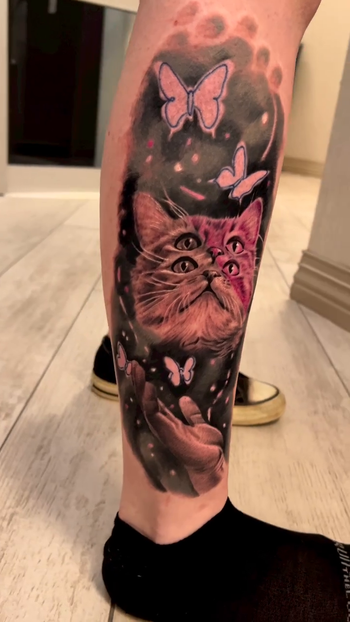 Cat with butterflies realism tattoo by Krys King Tattoos