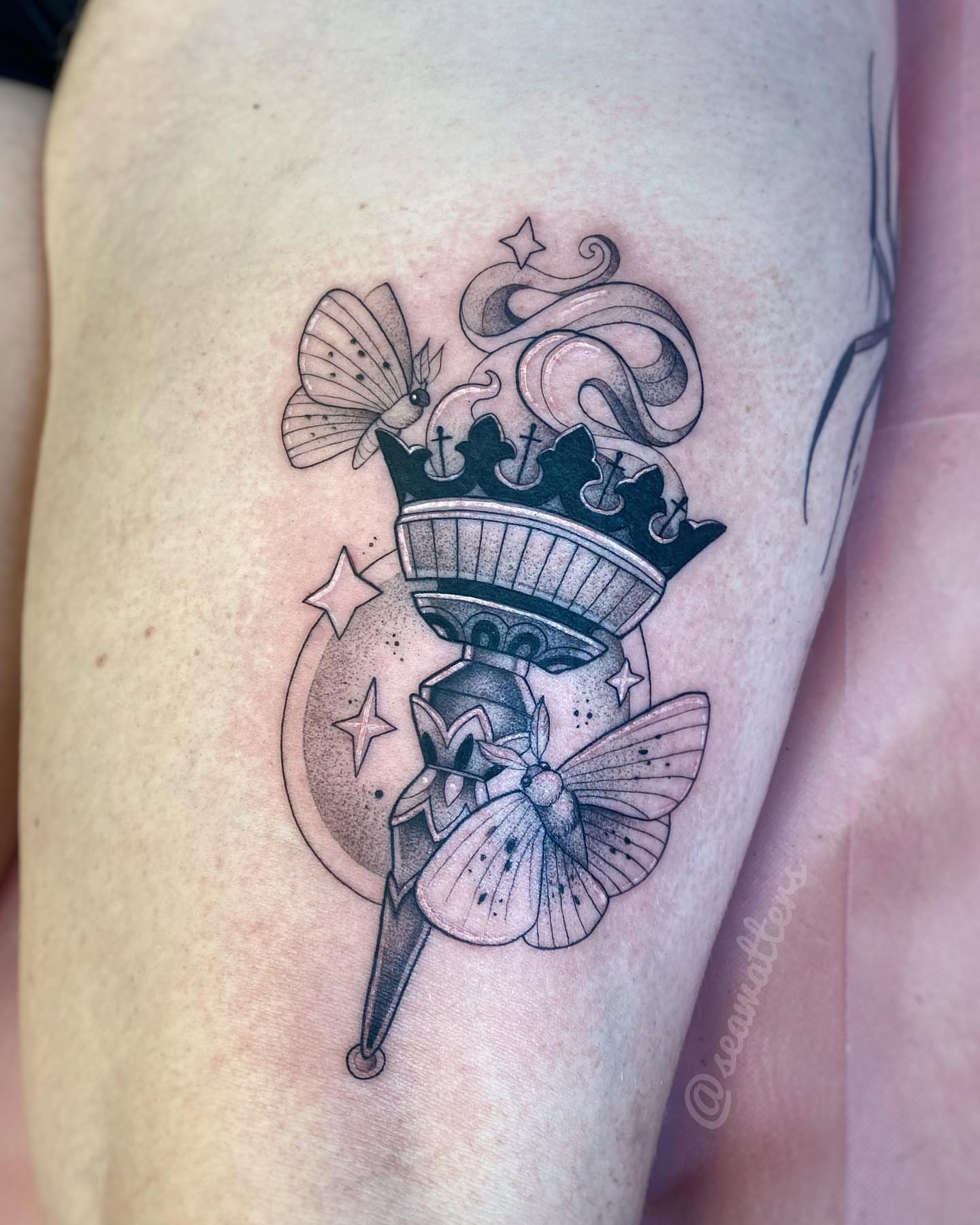 Statue of liberty black and grey tattoo on the forearm by Caitlin Watters