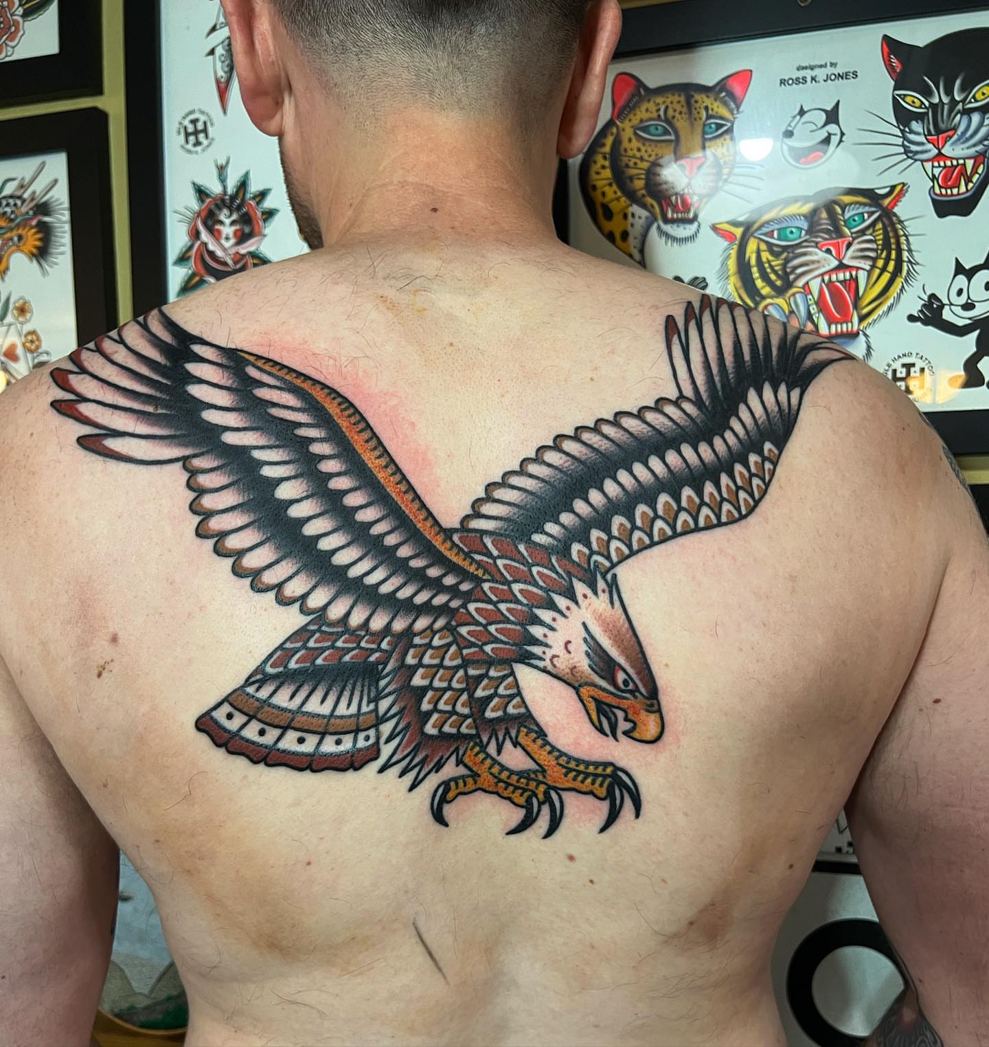 Eagle American traditional tattoo on the back by Ross K. Jones Tattoos, San Francisco, California