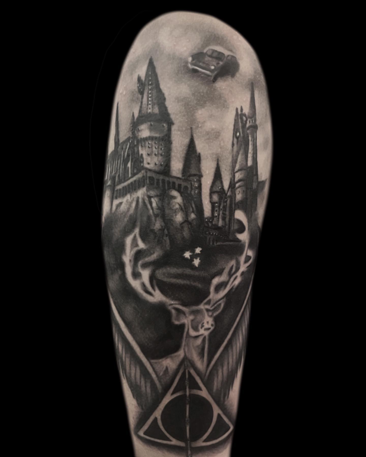 Hogwarts Castle realism tattoo on the forearm by Jen Bean, Richmond, Virginia