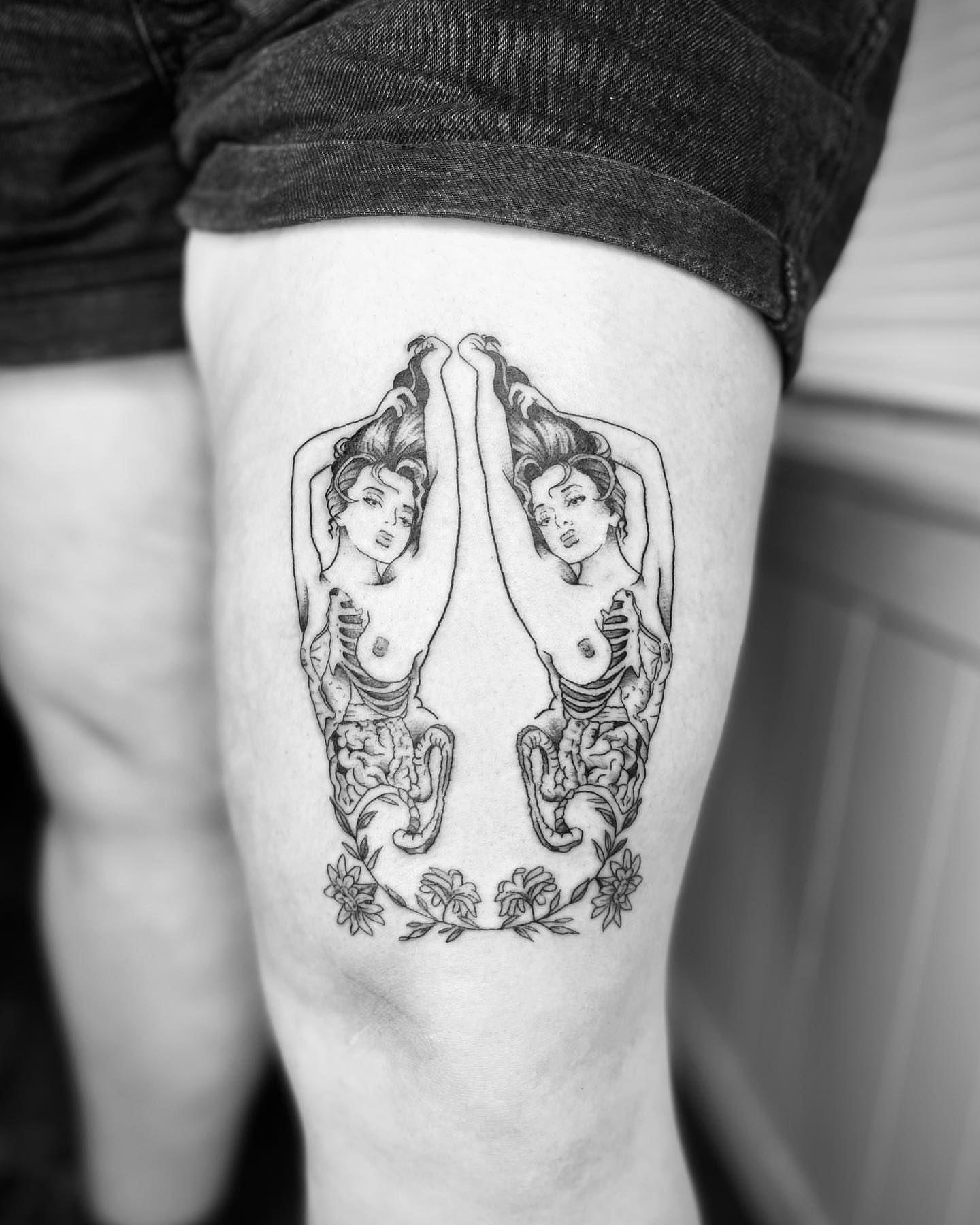 Mermaid twins realism tattoo on the thigh by Harley Lane ๐ซ