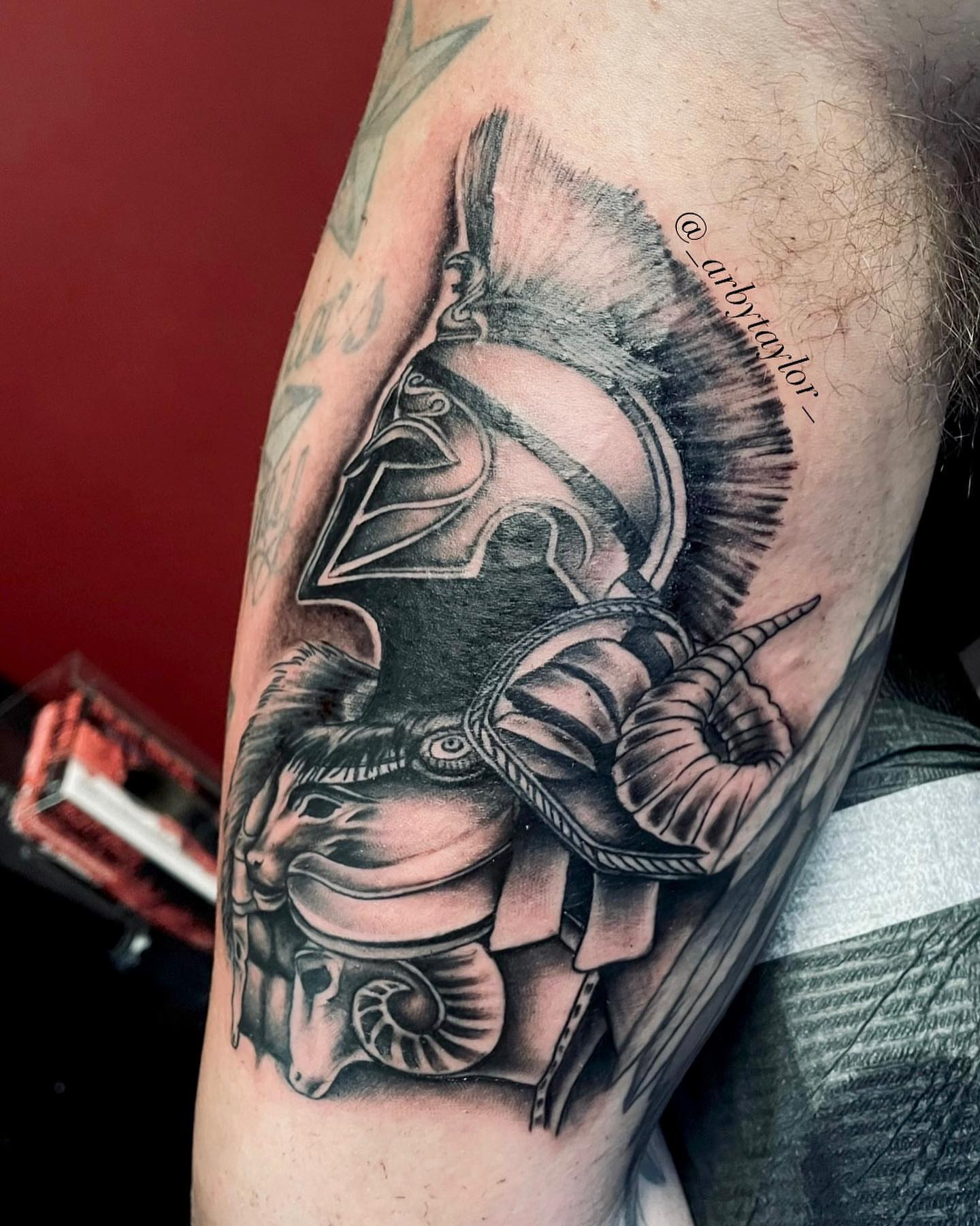 Spartan helmet and ram realism tattoo on the forearm by Taylor✍🏽️