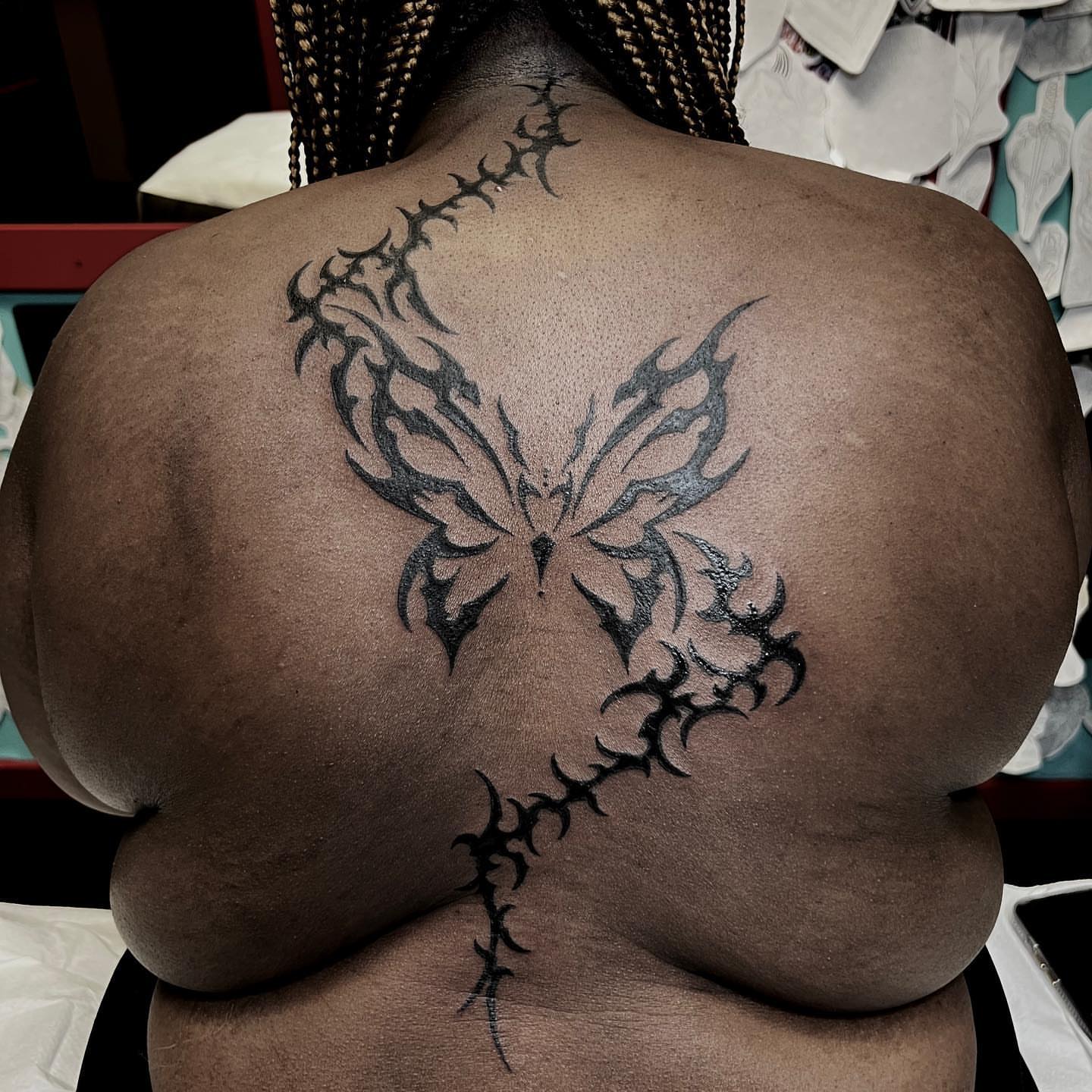 Tribal butterfly tribal tattoo on the back by Jon Crook, Portland, Oregon