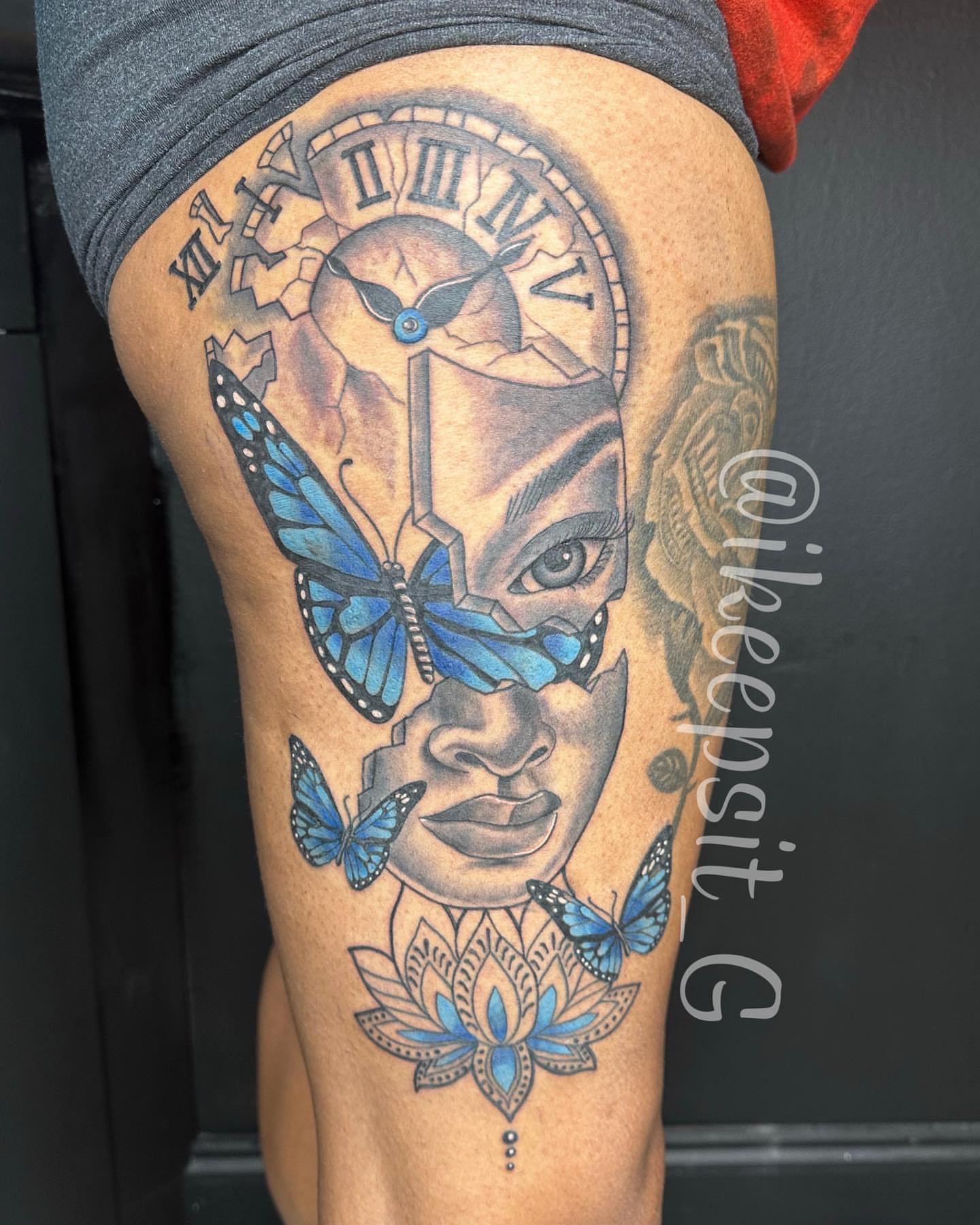 Clock face with woman's face realism tattoo on the thigh by Prolific🏁so Gifted