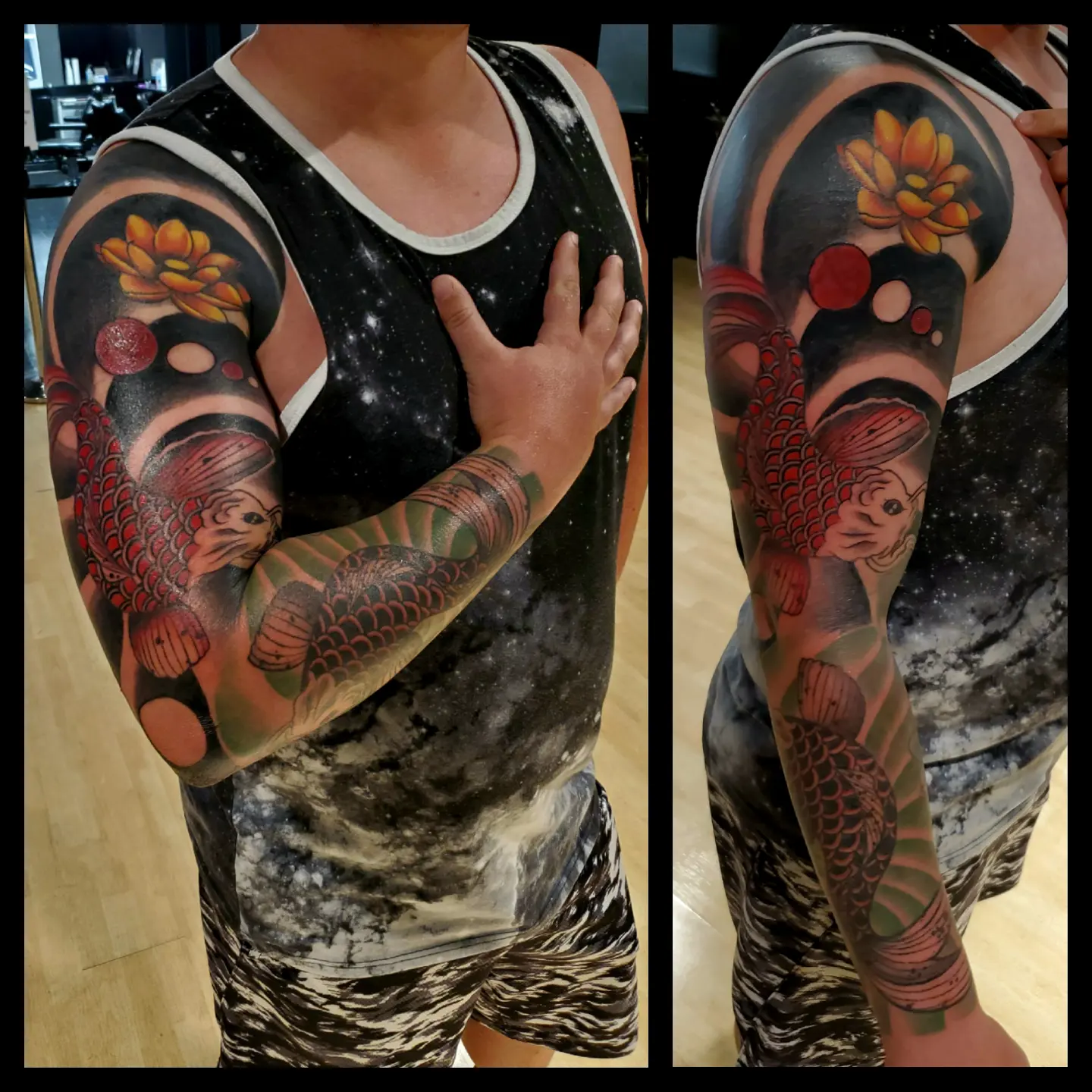 Koi fish and lotus flower japanese irezumi tattoo on the upper arm by BoogaInk
