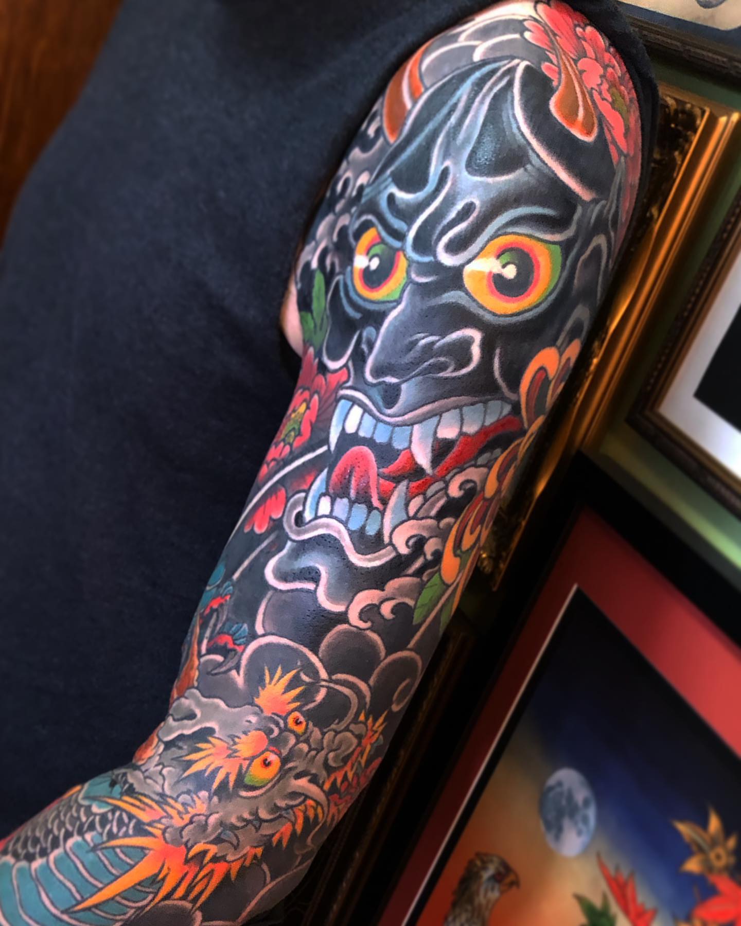 Mask japanese irezumi tattoo on the forearm by Steven Campbell, Kansas City, Missouri