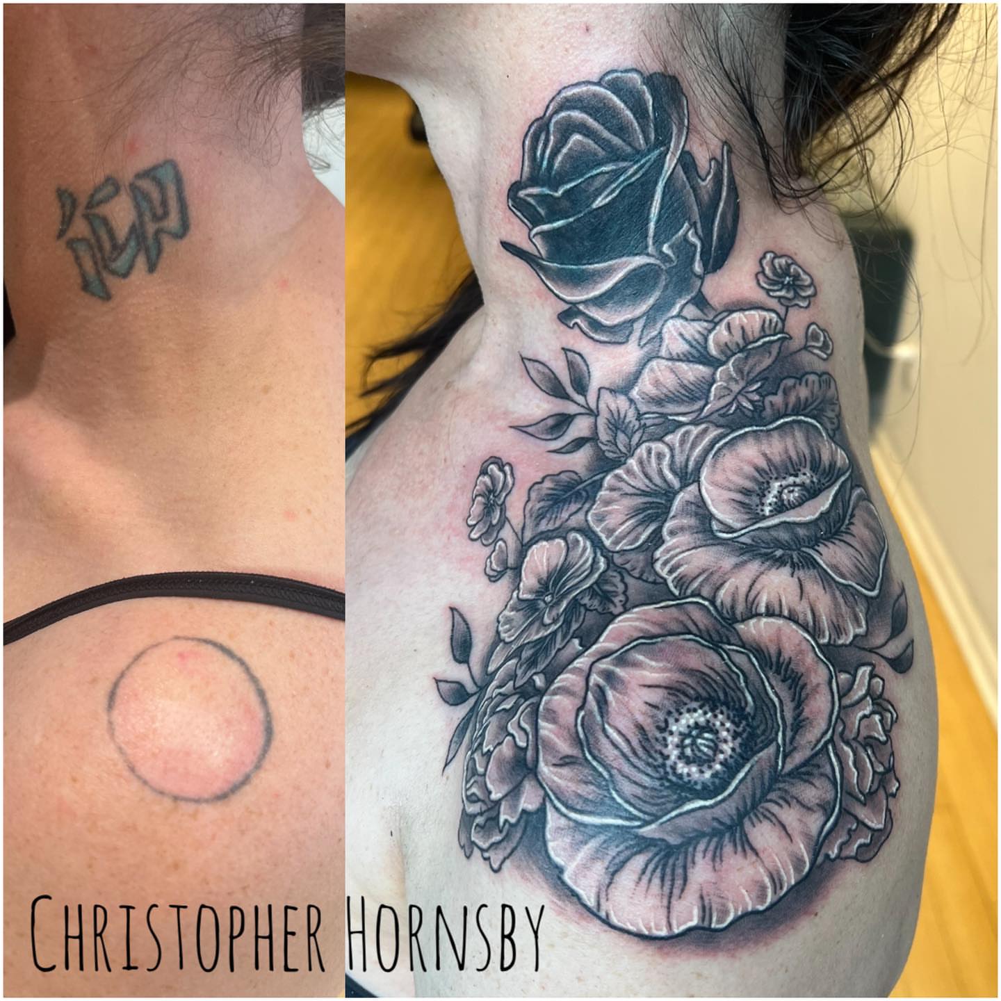 Flowers black and grey tattoo on the shoulder by Chris Hornsby