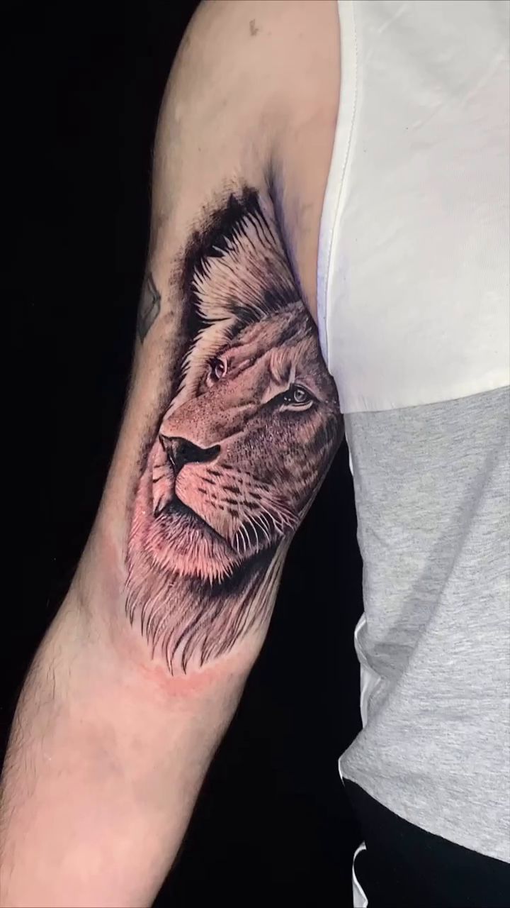 Lion's head realism tattoo by Clayderman