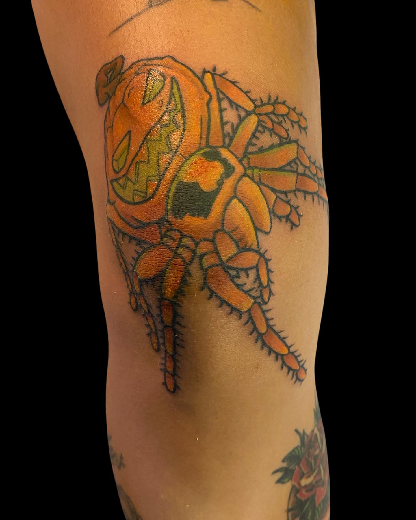 Jack-o'-lantern spider American traditional tattoo on the forearm by Shelby Warren