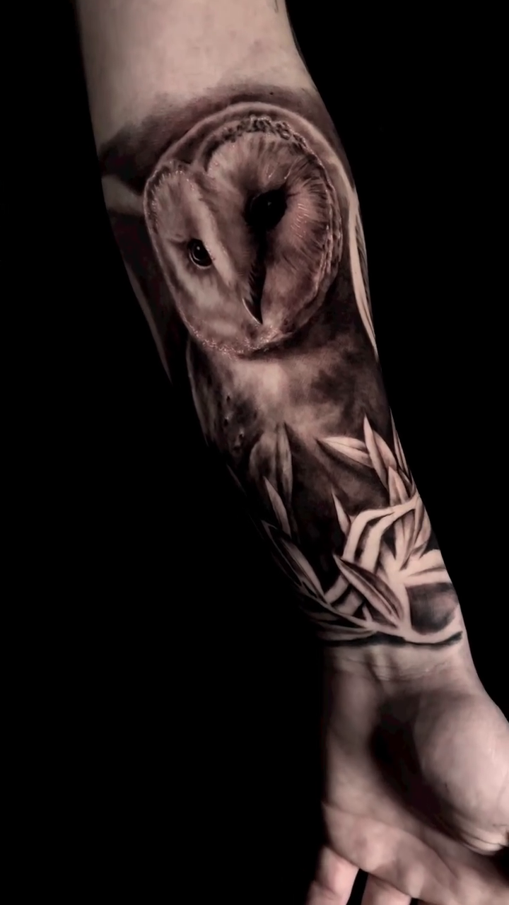Barn owl with geometric patterns realism tattoo by Kelsea Lake Schack