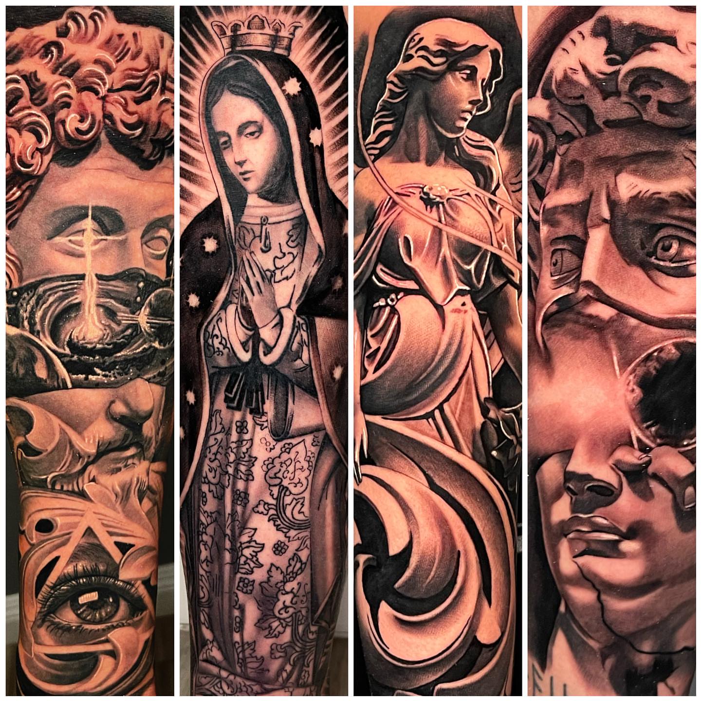 Religious figures realism tattoo on the upper arm by Michael Martinez