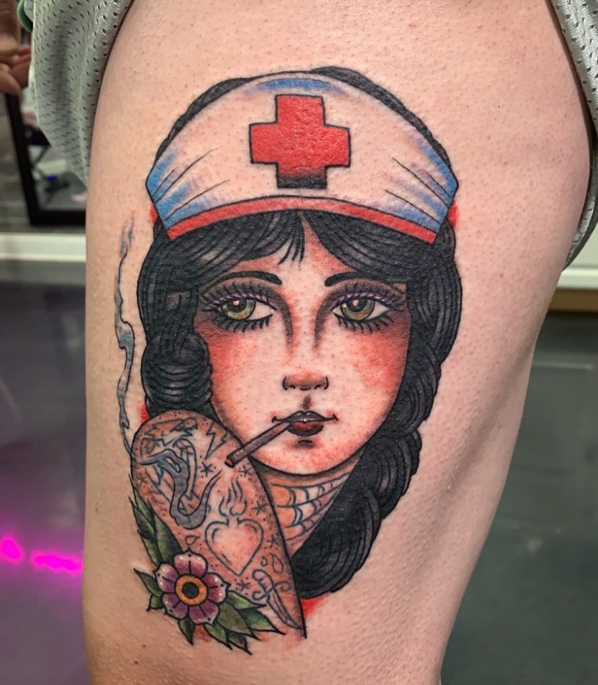 Nurse with snake American traditional tattoo on the thigh by ✞ Keath Supsic ✞