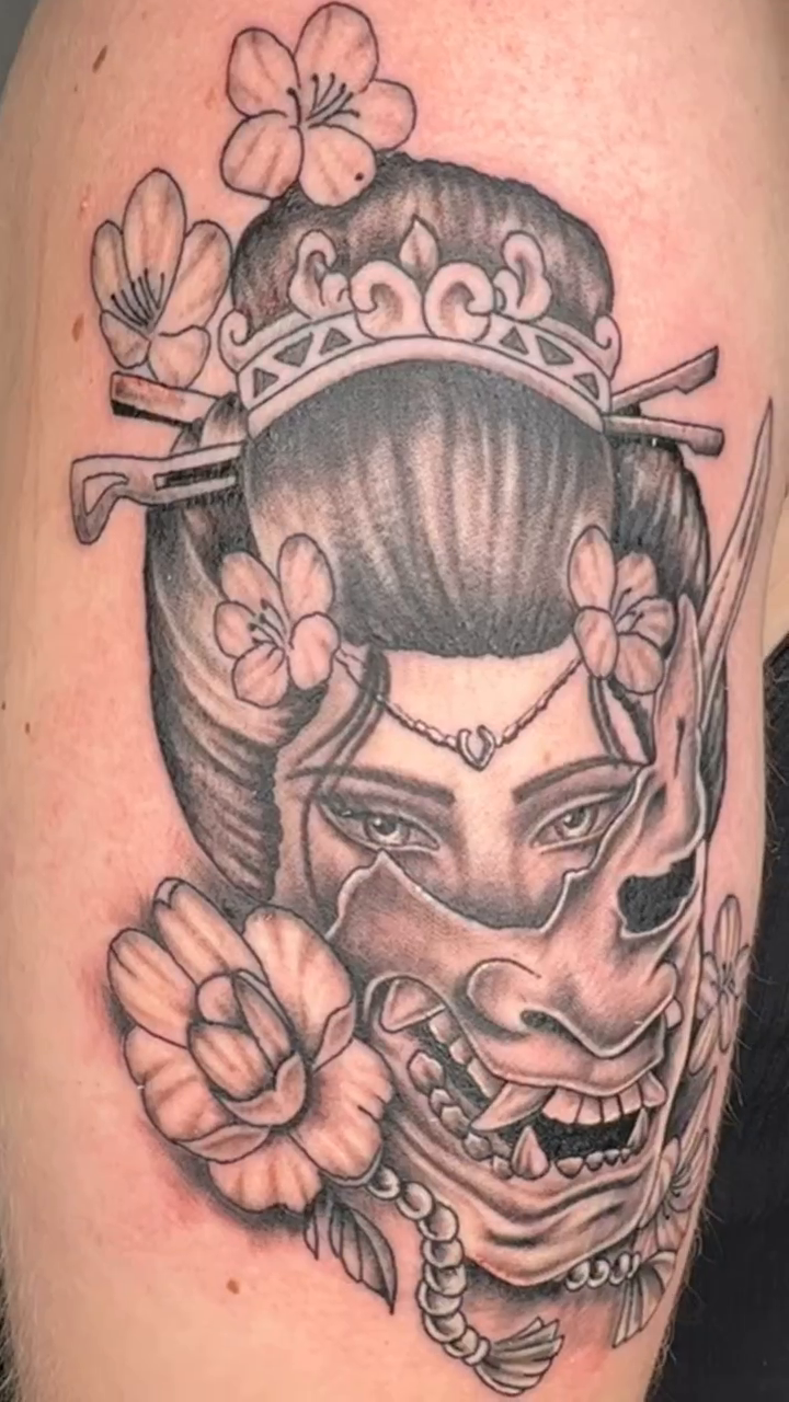 Geisha with Hannya mask Japanese tattoo on the upper arm by Luis Cabrera, Cleveland, Ohio