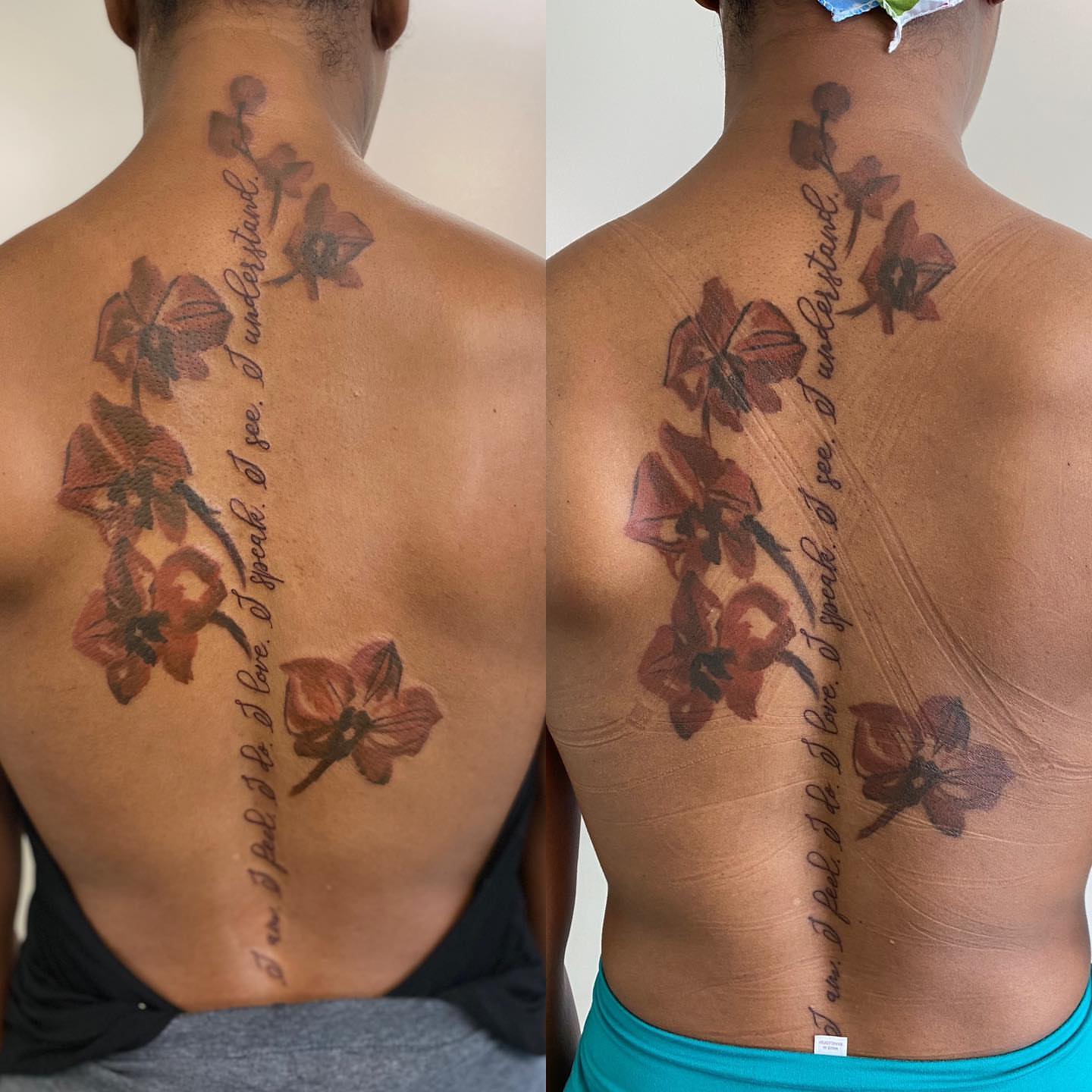 Flowers and script black and grey tattoo on the back by Rusty Indigo