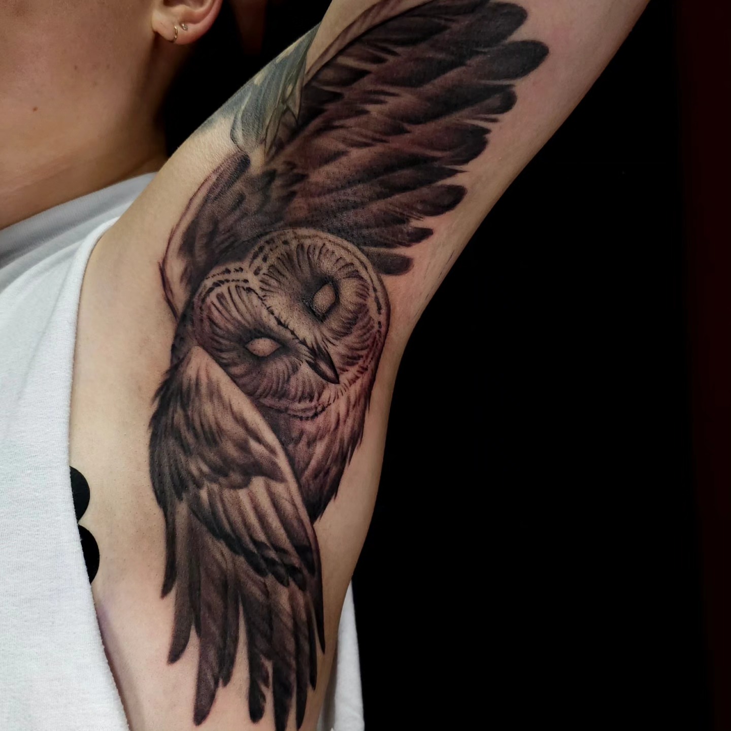 Owl realism tattoo on the forearm by Gabrielle Nicole Soucie