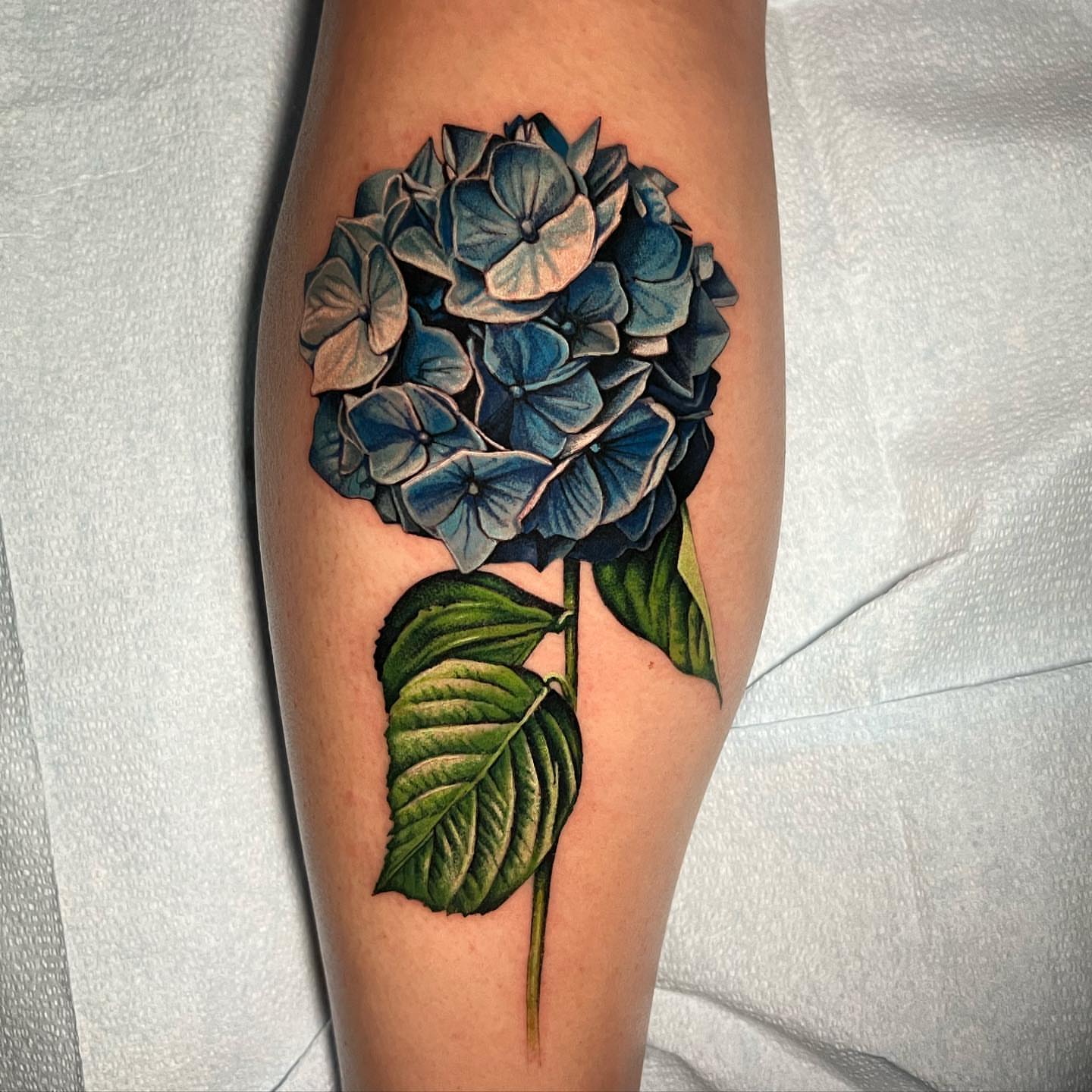 Hydrangea realism tattoo on the forearm by Irina Shapiro, Somerville, Massachusetts