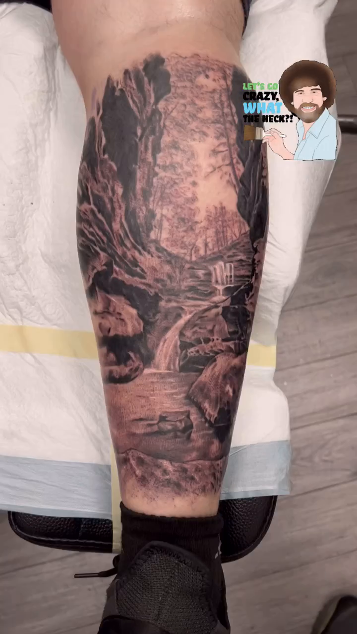 Forest landscape with waterfall realism tattoo by Krys King Tattoos