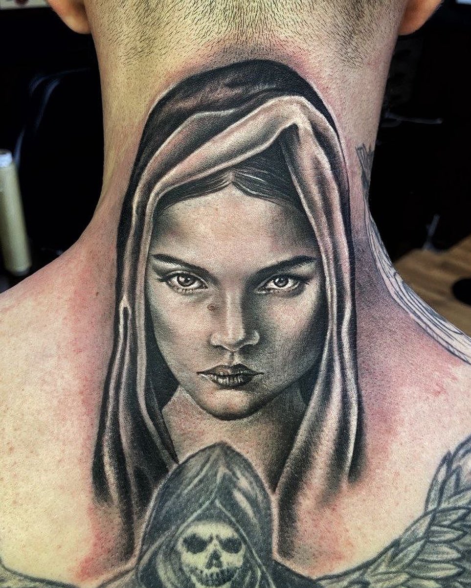 Woman with veil realism tattoo on the neck by ππππππ