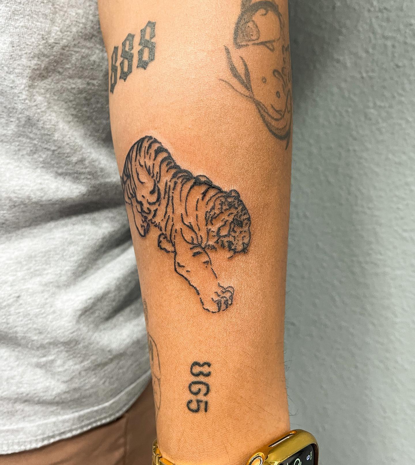 Tiger black and grey tattoo on the forearm by Portland Tattoo Artist