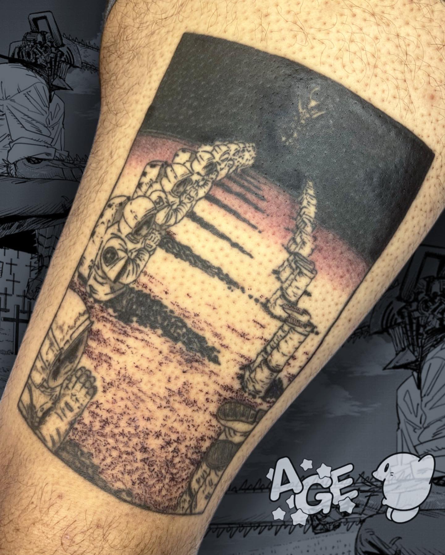 Astronauts on moon dotwork tattoo on the forearm by Otaku and Gamer Tattooer