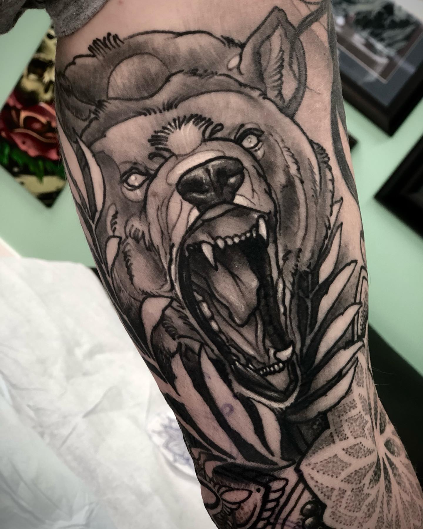 Bear American traditional tattoo on the forearm by Alec Bauer